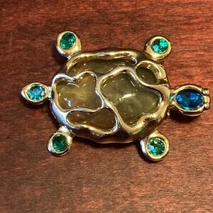 Teal blue and gold tone turtle pin